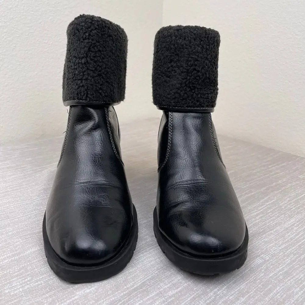 Aerosoles Faux Fur Cuff Black Chunky Ankle Boots Womens 9.5M Winter Warm Comfort